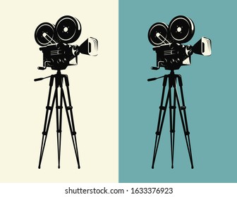 Movie camera on tripod vintage. Projector, cinema retro vector