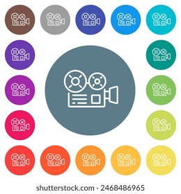 Movie camera outline flat white icons on round color backgrounds. 17 background color variations are included.