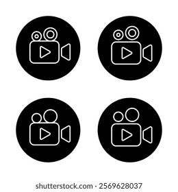 Movie camera outline icon set on black circle. Video cinema sign symbol