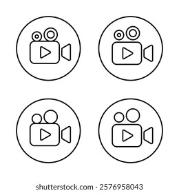 Movie camera outline icon set on circle line. Video cinema sign symbol