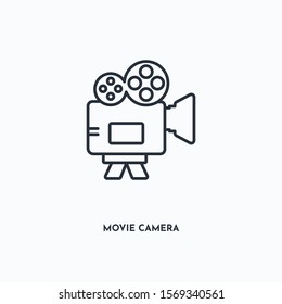 Movie camera outline icon. Simple linear element illustration. Isolated line Movie camera icon on white background. Thin stroke sign can be used for web, mobile and UI.