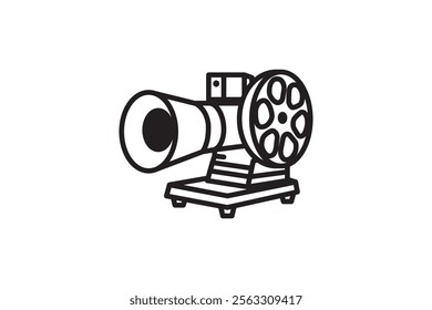 Movie camera. Retro video movie camera outline vector illustration. black and white color. 