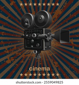 Movie camera in the spotlight. 3D vector. High detailed realistic illustration.