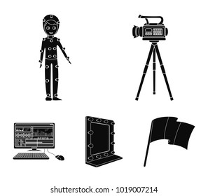 A Movie Camera, A Suit For Special Effects And Other Equipment. Making Movies Set Collection Icons In Black Style Vector Symbol Stock Illustration Web.