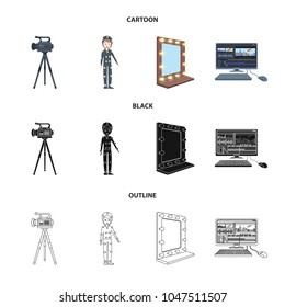 A movie camera, a suit for special effects and other equipment. Making movies set collection icons in cartoon,black,outline style vector symbol stock illustration web.