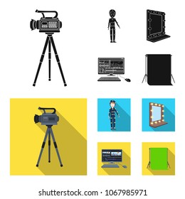 A movie camera, a suit for special effects and other equipment. Making movies set collection icons in black, flat style vector symbol stock illustration web.