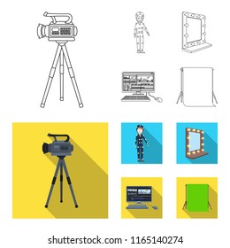 A movie camera, a suit for special effects and other equipment. Making movies set collection icons in outline,flat style vector symbol stock illustration web.