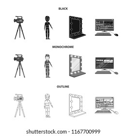 A movie camera, a suit for special effects and other equipment. Making movies set collection icons in black,monochrome,outline style vector symbol stock illustration web.