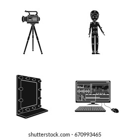 A movie camera, a suit for special effects and other equipment. Making movies set collection icons in black style vector symbol stock illustration web.