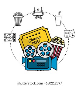 movie camera with ticket and popcorn