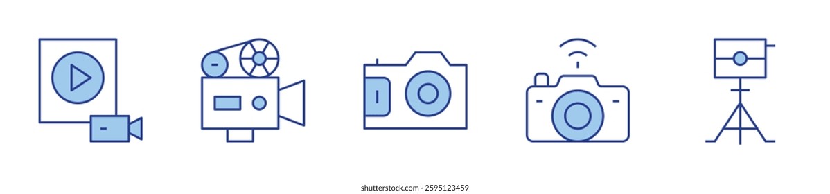 movie camera, camera, camera tripod, video. Camera Icon vector illustration. Line Duotone style. Editable stroke.