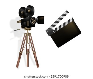 Movie camera. Vector movie clapper board. Vintage movie camera on white background.