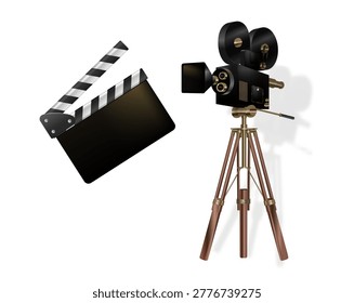 Movie camera. Vector movie clapper board. Vintage movie camera on white background.Vector EPS 10.