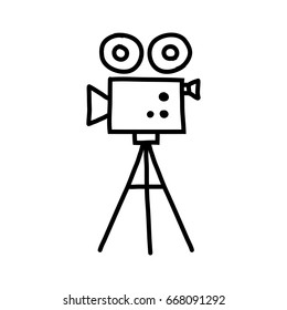 Movie camera vector icon, black sketch on white background 
