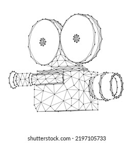 Movie camera, videocamera, TV, from abstract futuristic polygonal black lines and dots. Low poly concept. Vector illustration.