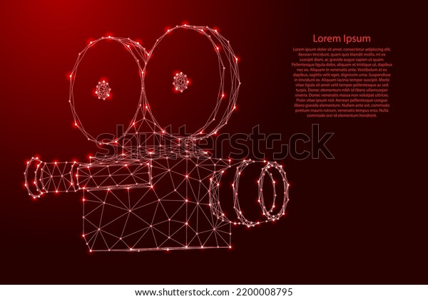 Movie camera, videocamera, TV, from\
futuristic polygonal red lines and glowing stars for banner,\
poster, greeting card. Low poly concept. Vector\
illustration.