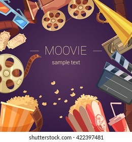 Movie cartoon background with camera tickets videocassette and popcorn vector illustration 