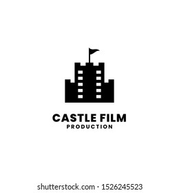 Movie castle tower film strip logo design. Vector illustration for creative movie studio production graphic template.