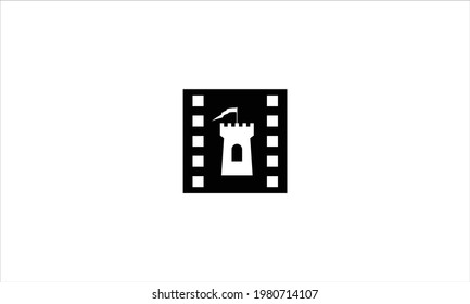 Movie castle tower film strip logo design or  Vector illustration for creative movie studio  production graphic template