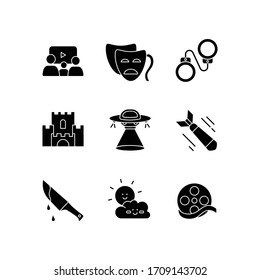 Movie categories black glyph icons set on white space. Different film types, popular cinema genres silhouette symbols. Common cinematography styles, filmmaking industry. Vector isolated illustration
