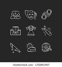 Movie categories chalk white icons set on black background. Different film types, popular cinema genres. Common cinematography styles, filmmaking industry. Isolated vector chalkboard illustrations