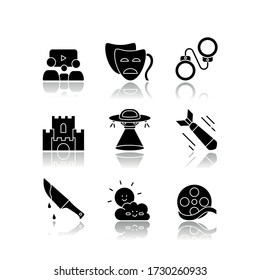 Movie Categories Drop Shadow Black Glyph Icons Set. Different Film Types, Popular Cinema Genres. Common Cinematography Styles, Filmmaking Industry. Isolated Vector Illustrations On White Space