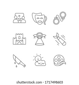 Movie categories pixel perfect linear icons set. Different film types, popular cinema genres customizable thin line contour symbols. Isolated vector outline illustrations. Editable stroke