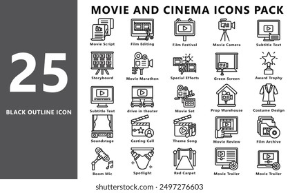 conjunto de iconos de contorno negro de película y cine, contiene clapperboard, ticket, cámara, Vacantes de teatro y más. Vector EPS 10. uso para UI, película UX y tema de cine, App y desarrollo de Web.