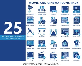 movie and cinema black outline icon set, contain clapperboard, movie star, ticket, camera, theater seats and more. vector EPS 10. use for print, UI, UX movie and cinema theme, app and web development.