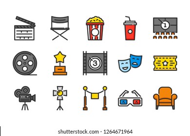 Movie and cinema color line icons. Film and entertainment vector linear colorful icon set. Isolated icon collection on white background.