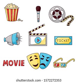Movie cinema doodle cartoon colorful vector icons set