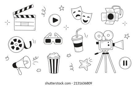 Movie, cinema doodle icon illustration. Doodle hand drawn sketch style movie elements, popcorn, video camera, clapperboard. Vector line illustration.