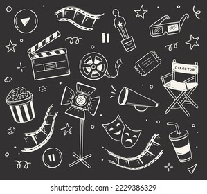 Movie, cinema doodle icon illustration. Doodle hand drawn sketch style movie elements, popcorn, video camera, clapperboard. Vector line illustration.