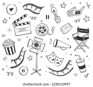 Movie, cinema doodle icon illustration. Doodle hand drawn sketch style movie elements, popcorn, video camera, clapperboard. Vector line illustration.