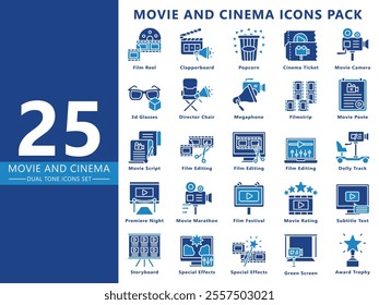 Movie and cinema dual tone icon set, contain clapperboard, script, award, camera, rating, film editing and more. vector EPS 10. use for print, UI, UX movie and cinema theme, app and web development.