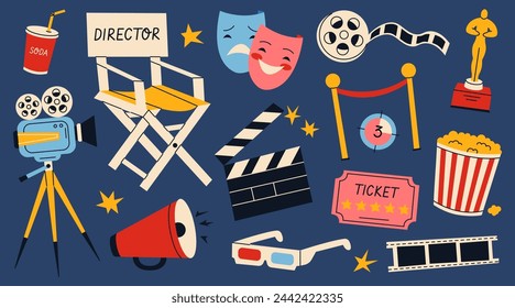 Movie or cinema elements collection. Tickets, popcorn, award, film, 3d glasses, clapperboard.