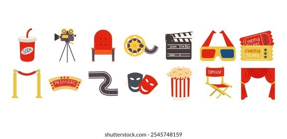 Movie or cinema elements collection. Tickets, popcorn, award, film, 3d glasses, clapperboard.illustration vector