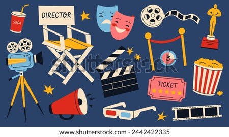 Movie or cinema elements collection. Tickets, popcorn, award, film, 3d glasses, clapperboard.