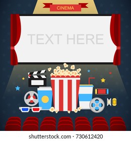 Movie cinema with empty white screen for text and empty red theater seats. Movie cinema elements. Flat design for infographic, Vector illustration.