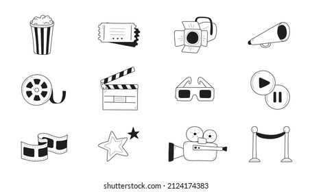 Movie, cinema entertainment doodle icon illustration. Doodle hand drawn sketch style movie elements, popcorn, video camera, clapperboard. Vector outline illustration.