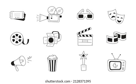 Movie, cinema entertainment doodle icon illustration. Doodle hand drawn sketch style movie elements, popcorn, video camera, clapperboard. Vector outline illustration.