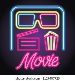movie cinema entertainment logo with neon sign effect. vector illustration