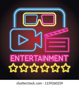 movie cinema entertainment logo with neon sign effect. vector illustration