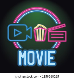 movie cinema entertainment logo with neon sign effect. vector illustration