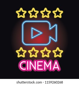 movie cinema entertainment logo with neon sign effect. vector illustration