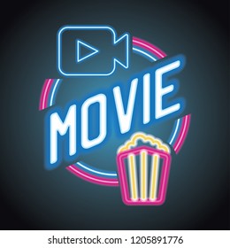 movie cinema entertainment logo with neon sign effect. vector illustration