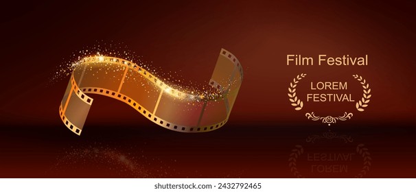 Movie cinema festival poster. Gold film strip shiny reel banner