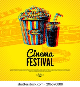 Movie cinema festival poster. Vector background with hand drawn sketch illustrations	