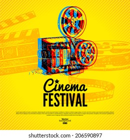 Movie cinema festival poster. Vector background with hand drawn sketch illustrations 