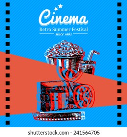 Movie cinema festival poster. Vector background with hand drawn sketch illustrations	